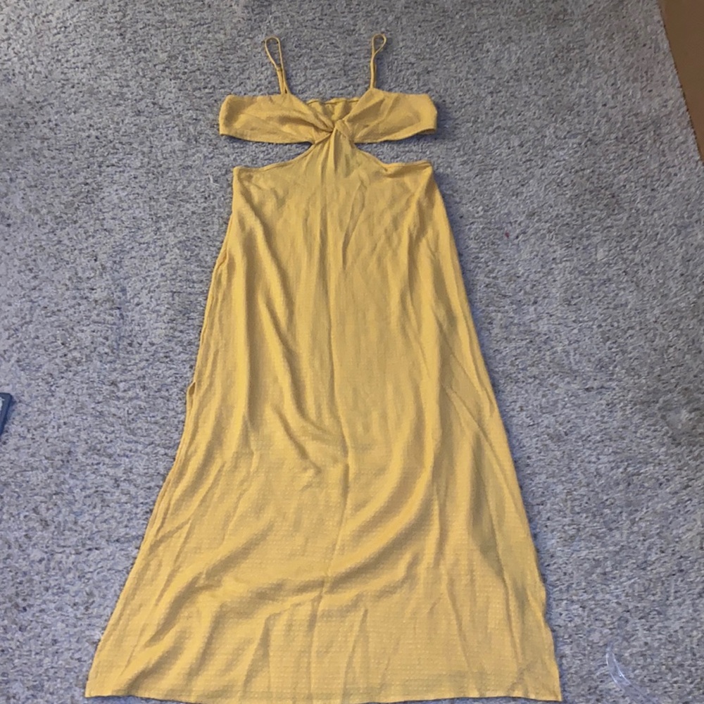Shein mustard yellow summer maxi length dress splits on sides spaghetti straps